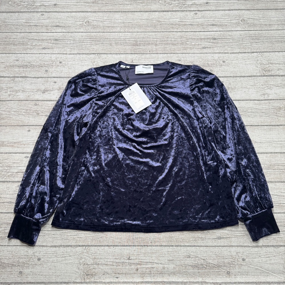 NEW Selected Femme Velvet Top Womens XL Eclipse Blue Puff Sleeve Designer Blouse